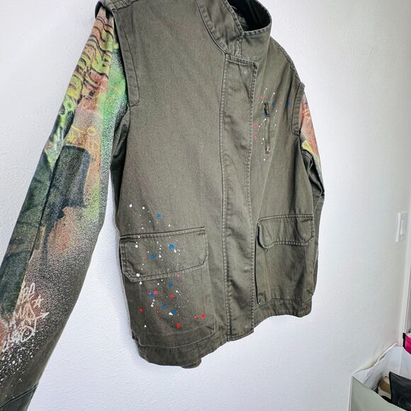 Zara Army Green Grafitti New York Jungle Oversize Zip Utility Jacket 100% Cotton - Picture 8 of 16